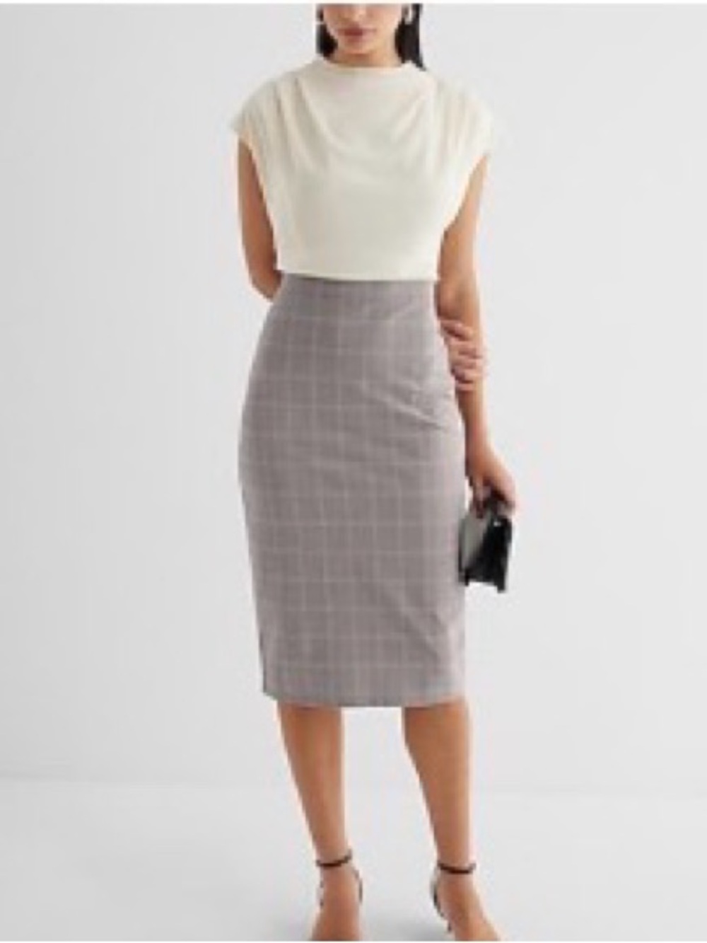 Express White and Grey Plaid Draped Mock Neck Midi Dress • XS • NWT